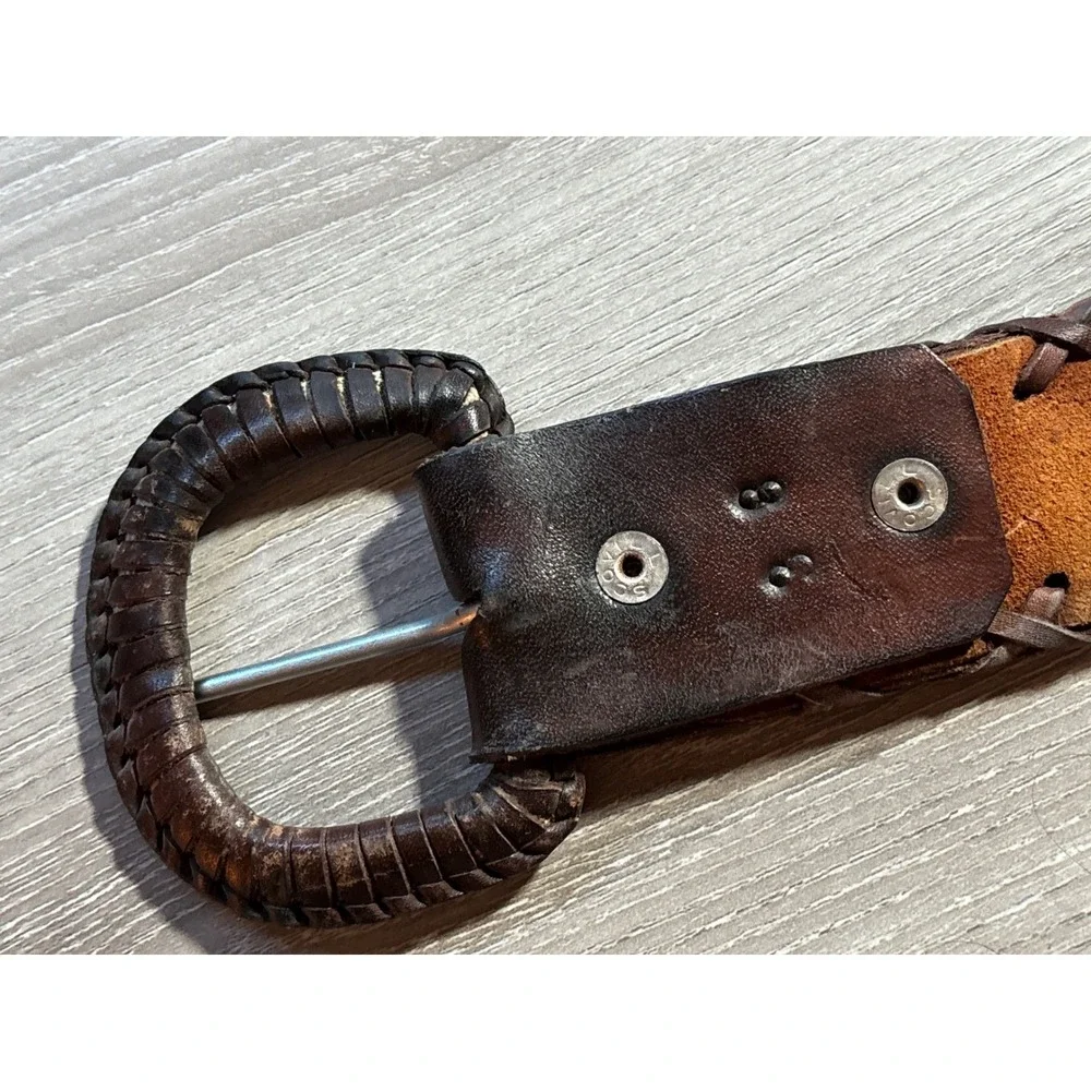 Vintage Dark Brown Leather Whipstitch Embossed Belt Leather Wrapped‎ Buckle